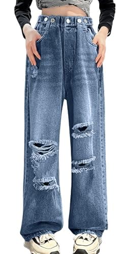 Image of Maeau Girls Jeans Wide Leg Denim Trousers Teen Casual Kids Baggy Distressed Ripped Denim Jeans High Waisted with Pockets Deep Blue 12-13 Years