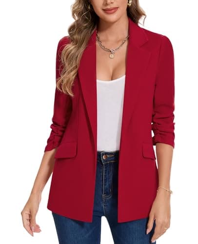 Image of MINTLIMIT Ladies Notched Lapel Open Front Blazer 3/4 Ruched Sleeve Jacket Suit Oversized (Red XL)