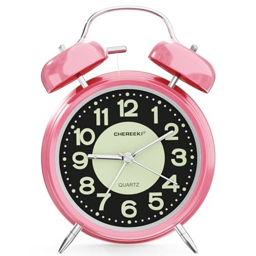 Image of CHEREEKI Kids Alarm Clock for Heavy Sleepers With Twin Bell, Large Digits and Night Light - Battery-Operated Retro Design for Bedside, Bedroom (Pink, Battery Included)