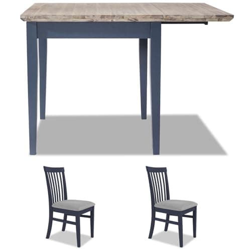 Image of Statement Furniture Florence Square Wooden Dining Table and Chairs Set | 75-110cm Extendable | Small Drop-down Leaf Extending Kitchen Dining Table Set (navy blue, table + 2 chairs)