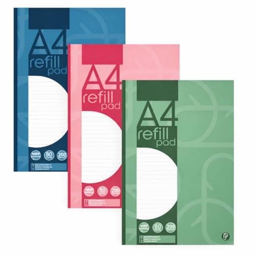 Image of Sixstore 200 Page A4 Refill Pad, Side Bound and Punched 2 Holes. Ruled 8mm Feint with Margin White, 1 Colour Sent at Random