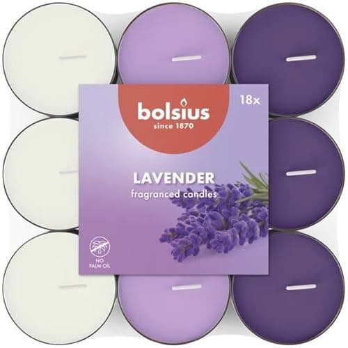 Image of Bolsius - 18 Scented tealights - Lavender - Burning time of 3.5 Hours - Diameter 38 mm - Natural extracts - Contains Vegan Wax - No Palm Oil