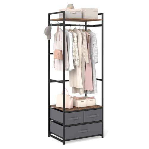 Image of COSTWAY Clothes Rail, Freestanding Metal Garment Rack Coat Stand with Hanging Rail, 3 Fabric Drawers, Storage Shelf & Side Hooks, Industrial Open Wardrobe Clothing Organiser for Bedroom Closet Hallway
