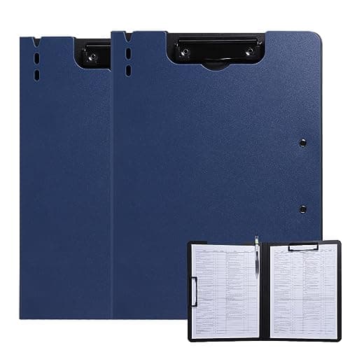 Image of FRETONBA Clipboard A4 with Double Clips, 2 Pieces Foldover Clip Board with Cover, Plastic Document Folder, Lightweight Personal Organiser Suitable for School, Office, Industry, Blue