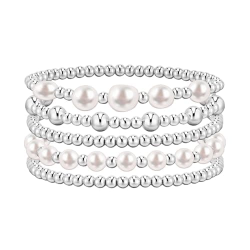 Image of Umimiss Beaded Bracelets for Women - Silver Beaded Bracelets, Silver Bracelet for Women, Gold Bead Bracelet,Stretch Bracelets Plated Natural Pearl, Stackable Stretch Bead Ball Bracelet Set Jewelry