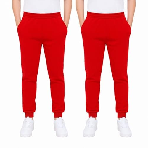 Image of KHIM Jogging Trouser Tracksuit Bottom Pant Kids Unisex Girls Boys Activewear (UK, Age, 13 Years, 14 Years, Regular, Red 2 Pack)
