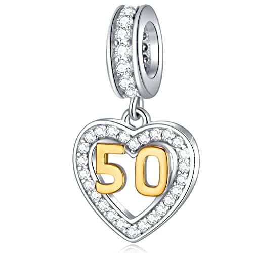 Image of 50th Birthday Charms fit Pandora Mothers Day Bracelet, Gold Plated Number 50 Dangle, 925 Sterling Silver 50 Anniversary Heart Necklace Beads with CZ, Gifts for Grandma/Godmom/Nana