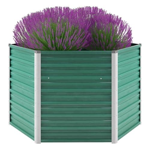 Image of vidaXL Green Raised Garden Bed – Galvanised Steel Hexagonal Outdoor Planter for Plants, Vegetables, Herbs and Flowers - 129x129x77cm