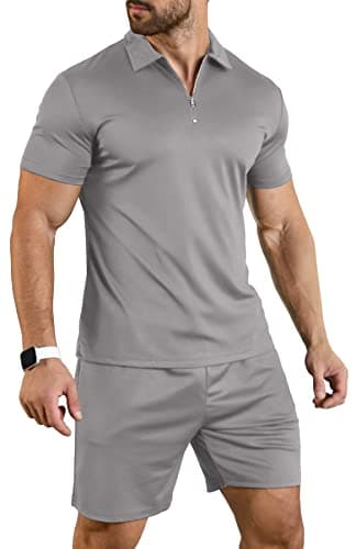 Image of KUYIGO Men's Polo Shirt & Shorts Set Summer Outfits Fashion Casual Short Sleeve Polo Suit for Men 2 Piece Shorts Tracksuit XL Gray