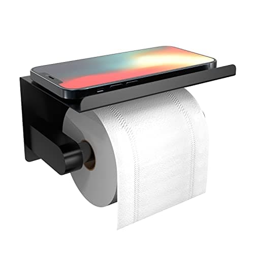 Image of Self Adhesive Toilet Paper Holder with Phone Shelf, Wall Mounted Toilet Paper Roll Holder, Rustproof Bathroom Washroom Tissue Roll Holder with Shelf, Toilet Paper Roll Dispenser- Matte Black