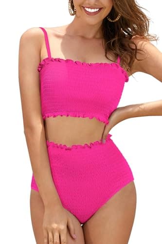 Image of SHEKINI Women's Smocked Bikini Set High Waisted Bandeau Swimsuit Padded Tummy Control Two Pieces Bathing Suits, Pink, X-Large