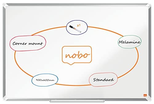 Image of Nobo Melamine Whiteboard, Non-Magnetic, 900 x 600mm, Aluminium Trim, Corner Wall Mounting, Includes Whiteboard Pen, Premium Plus, 90 x 60cm, White, 1915167