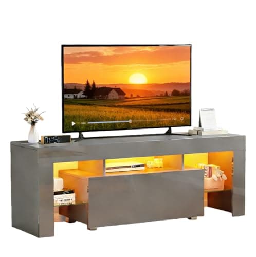 Image of Redd Royal 130cm TV Stand Cabinet White High Gloss with Led Light for 32"-65" TV, Modern TV Unit Entertainment Center Cabinet with Large Storage Drawer Glass Shelves for Living Room Bedroom (Grey)