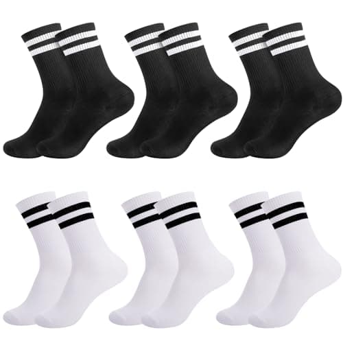 Image of Zuimei 6 Pairs Striped Crew Socks Multipack Cotton Sports Running Socks for Men Women Size UK 7-11, Soft Athletic Socks Breathable Black White Socks Comfortable for Work School Casual Walking