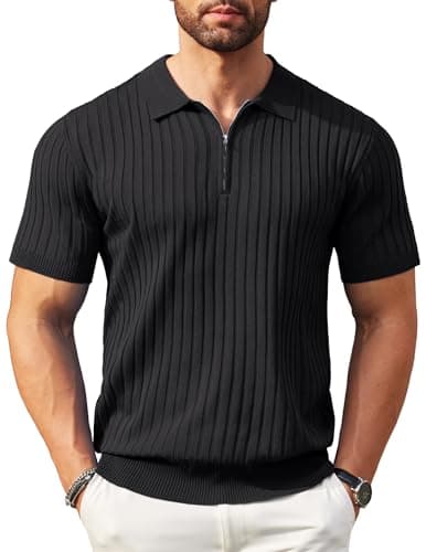 Image of COOFANDY Polo Shirts for Men Adult Zipper Short Sleeve Polos Summer Slim Fit Stretch Stripe Polo Shirt Black XL