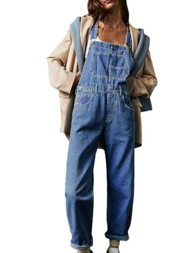 Image of Sukany Women's Casual Denim Jean Overalls Loose Adjustable Straps Baggy Dungarees Bib Romper Jumpsuit Harem Pants Dark Blue M