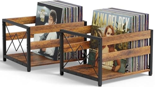 Image of HFHOME 2 Pc Vinyl Record Storage Crate, Wooden Storage Box, Classic Cube CD Albums Shelf Holder Organizer, Holds Up to 100+ Records, Magazine Rack for Desktop, Home, Office