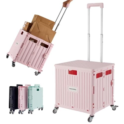 Image of MACOPRO Folding Utility Cart Portable Rolling Crate Handcart Shopping Trolley Collapsible Tool Box, with Lid, Basket on 4 Rotate Wheels, for Grocery, Shopping, Office, Storage, Teacher (Pink)