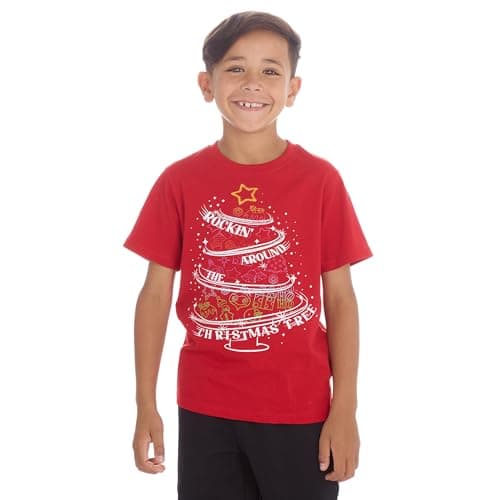 Image of WS-AW23 Kids Girls Boys Christmas T-Shirt Xmas Novelty Print Tee Short Sleeve Top 100% Cotton Red Sparkling Christmas Tree 7-8 Years