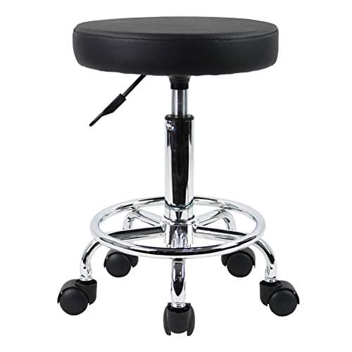 Image of KKTONER PU Leather Round Rolling Stool with Foot Rest Swivel Height Adjustment Spa Drafting Salon Tattoo Work Office Massage Stools Task Chair Small (Black)