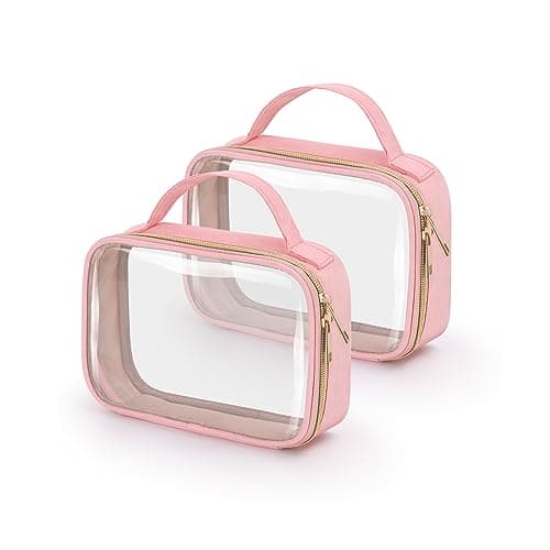 Image of HELZOI TSA Approved Toiletry Bag, 2 Pack Clear Makeup Bags With Handles, Quart Size Toiletry Bags, PVC Cosmetic Bags for Women and Men, Carry on Airport Airline Compliant Bag, Pink