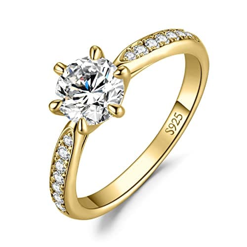 Image of JewelryPalace Classic 1ct Cubic Zirconia Solitaire Engagement Rings for Women, 925 Sterling Silver 14K Yellow Gold Plated Promise Ring for Her, Round Cut Simulated Diamond Anniversary Wedding RingsL