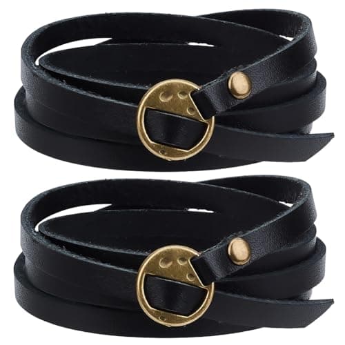 Image of GORGECRAFT 2Pcs Cowhide Wrap Bracelet Multi-layer Genuine Leather Stackable 5 Wrap Around Circle Boho Vintage Punk 6mm Black Wristlet Cuff Long Strap Bracelets for Women Men Handmade Jewelry