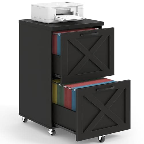 Image of BonVache Filing Cabinet 2 Drawer Small File Cabinet with Wheels, Farmhouse Vertical Filing Cabinet Fits A4/Letter Size, Under Desk Rolling File Cabinets for Home Office, Wooden Printer Stand, Black