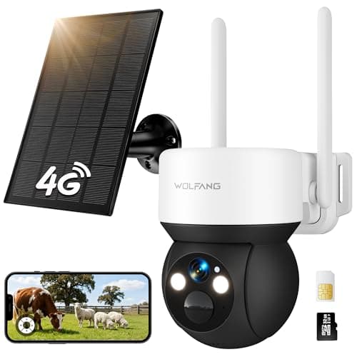 Image of WOLFANG No WiFi Security Camera, 4G CCTV Camera with SIM Card, Camera Wireless Outdoor, Solar Powered, Night Vision, Spotlight, 2K HD, Local Recording, 2-Way Audio, PIR Motion, 32GB microSD Card