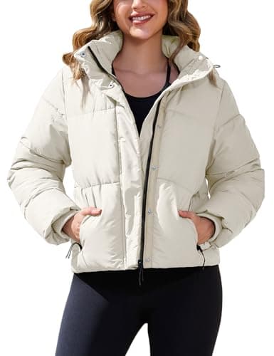 Image of PEHMEA Women’s Cropped Puffer Jacket with Detachable Hood, Winter Warm Full Zip Up Down Coat(Beige-L)