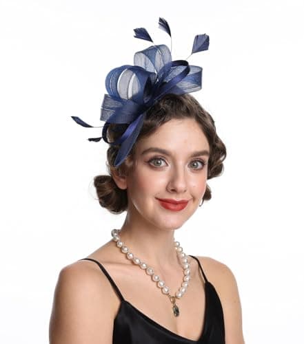 Image of Sinamay Flower Feather Headband Fascinator Wedding Headwear Ladies Race Royal Ascot Pillbox Wedding Cocktail Tea Party Derby Hat for Women(B4-Navy)