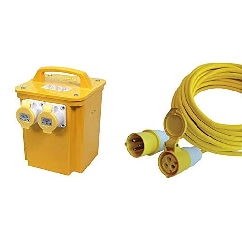 Image of Faithfull FPPTRAN33A 3.3kVA 110V Twin Outlet (2 Socket) Site Transformer 2M HD Rubber Cable & FPPTL14ML 14 Metre L/V Trailing Lead Extension Lead 110V 16A 1.5mm Cable