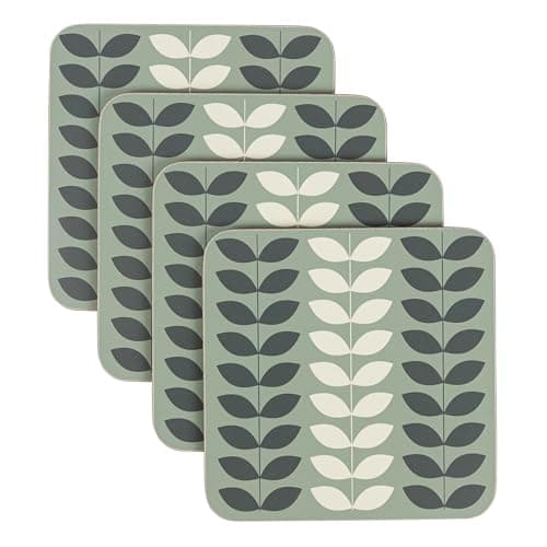 Image of LAGO TERRA Set of 4 Leaf Print Drinks Coasters in Gift Box, Patterned Retro, Vintage - Willow