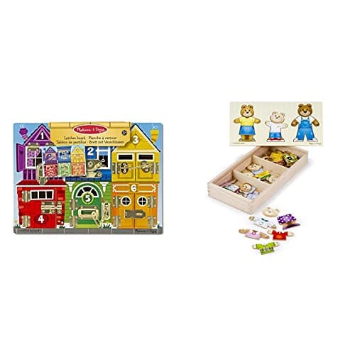 Image of Melissa & Doug Wooden Latches Board | Wooden Toys | Developmental Toy & Wooden Bear Family Dress-Up Puzzle | Puzzles | Wooden Toy | 3+ | Gift for Boy or Girl
