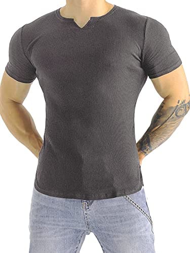 Image of Muhshoiy Men's Slim Fit Muscle Shirt V Neck Sport Short Sleeve T-Shirt Underwear Casual Tee Stretch Solid Athletic Shirts/Grey/S