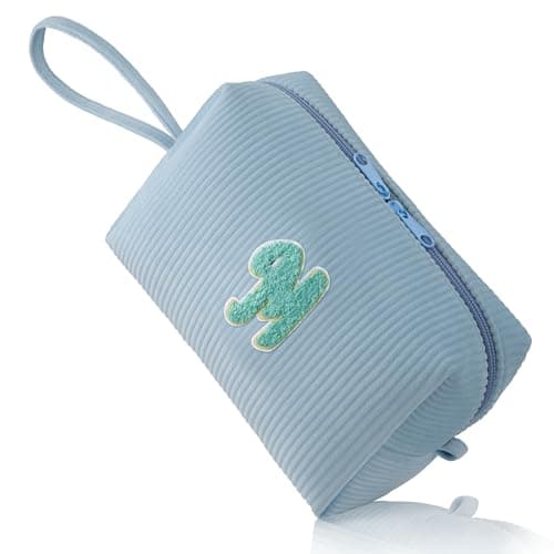 Image of FUZVOL Makeup Bag for Women A-Z Personalized Make Up Bags Corduroy Makeup Pouch Small Cosmetic Bag Travel Toiletry Organizer Birthday Gifts for Women Mom Best Friend Bride Bridesmaid, Blue Letter M