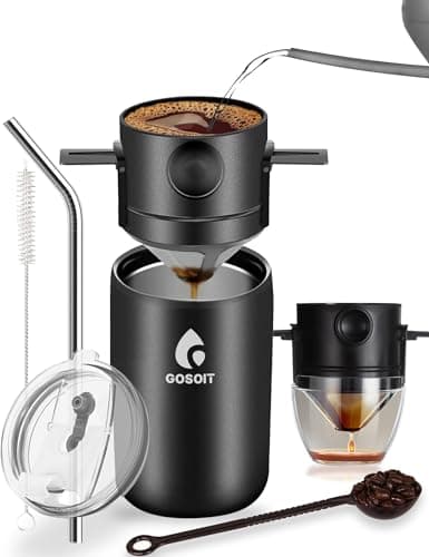 Image of GOSOIT Portable Pour Over Coffee Maker Machine Coffee Cup Filter Mug with Pour Over Dripper Coffee Bottle Includ Straw Cleaning Brush and Spoon for Home Office,Travel, Camping 20Oz