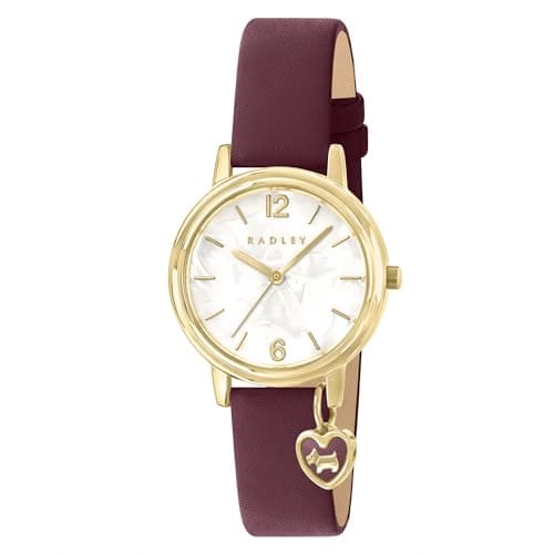 Image of RADLEY Gold Plated Case Heart Charm Dark Cherry Leather Strap Watch RY21916A