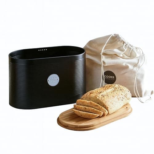 Image of Cooks Professional Ribbed Bread Bin with Linen Bag & 2-in-1 Bamboo Cutting Board Lid | Modern, Stylish & Breathable Countertop Food Storage Canister for Loaves, Rolls, Pastries | Black & Silver