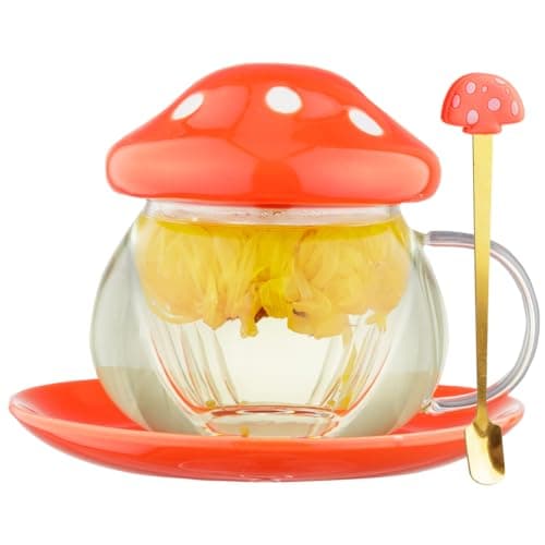 Image of Mushroom Tea Cup Set, Cute Glass Tea Cups and Saucers, Kawaii Tea Cup with Infuser for Loose Leaf Tea Steeper, Coffee Mug Christmas Gifts for Women,Tea Infuser Mug with Lid for Mother Girls (Orange)
