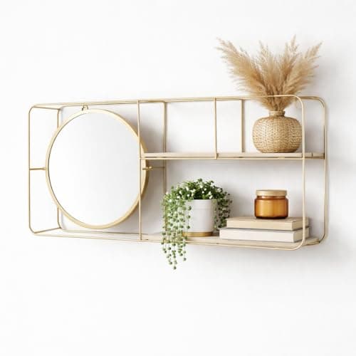 Image of Dylex Gold Metal Wire Wall Shelf with Round Mirror, Multi-Section Display Shelf, Home Decor
