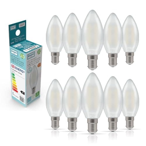 Image of Crompton Lamps Filament Candle LED Light Bulb SBC-B15d | 2.5W = 25W Equivalent | Warm White 2700K | Energy Efficient | Small Bayonet Lightbulb | Long Life 15000-Hrs | Pearl Glass | Dimmable | 10-Pack
