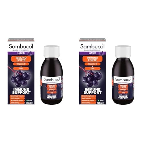 Image of Sambucol Natural Black Elderberry Immuno Forte, Vitamin C, Zinc, Immune Support Supplement Liquid, Syrup, 120 ml (Pack of 2)