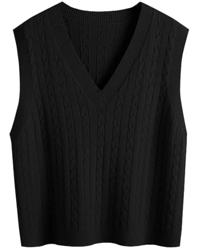 Image of SUNSESS Women's Cable Knit Sleeveless Jumper V Neck Pullover Sweater Vest Chunky Ribbed Gilet for Layering, Office & Casual Preppy Style (UK, Alpha, L, Regular, Regular, Standard, Black)