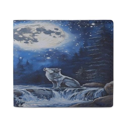 Image of Wolf Howling in Moon Leather Bifold Wallet for Men Slim Card Cases with 2 Slots Minimalist Coin Purs