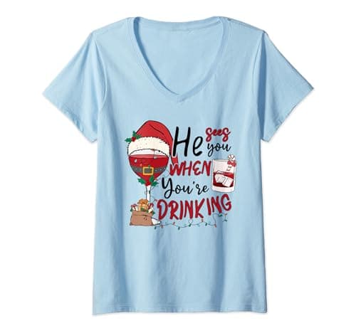 Image of Santa He See You When You're Drinking Wine Merry Christmas V-Neck T-Shirt