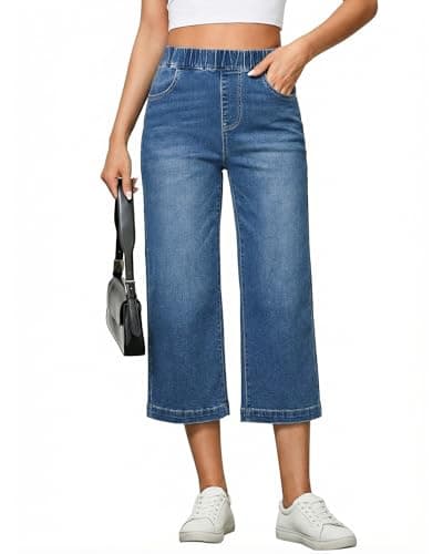 Image of Vetinee Wide Leg Jeans for Women UK Elasticated Waist Jeans for Women Medium Blue Size Medium Fits UK 12-14
