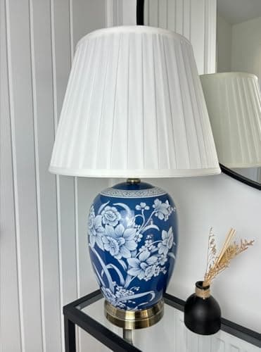 Image of DOWNTON INTERIORS Large Royal Blue Chinese Oriental Ceramic Porcelain Table Lamp with White Floral Pattern Overall Height 56cm (G2101) (White Pleated Shade)