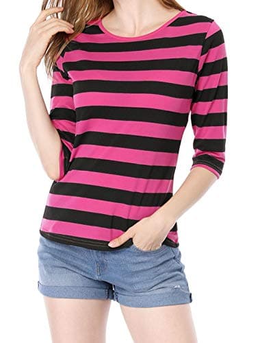Image of Allegra K Women's 3/4 Sleeves Top Round Neck Slim Fit Tee Casual Leopard Floral Breton Printed T-Shirt Fuchsia Black 12
