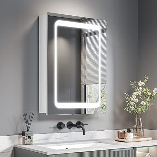 Image of Dripex LED Bathroom Mirror Cabinet, 500 * 700mm Bathroom Cabinet Mirror with Lights Shaver Socket and Demister Pad, Non-contact Sensor Switch, White/Left hinge